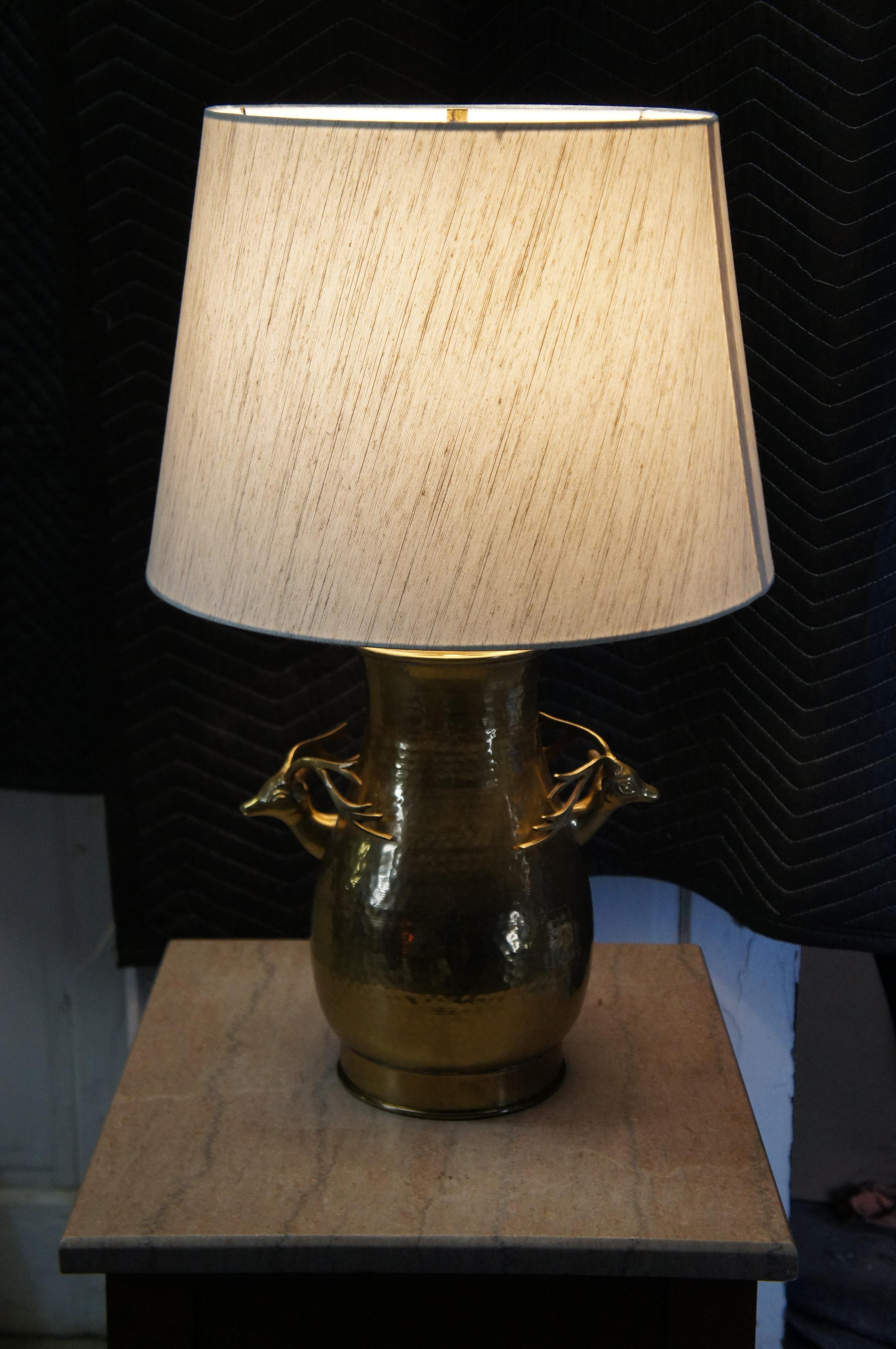 Vintage Hammered Brass Deer Stag Head Handled Urn Vase Table Lamp & Shade 27