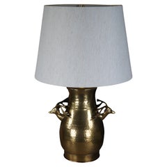 Vintage Hammered Brass Deer Stag Head Handled Urn Vase Table Lamp & Shade 27"