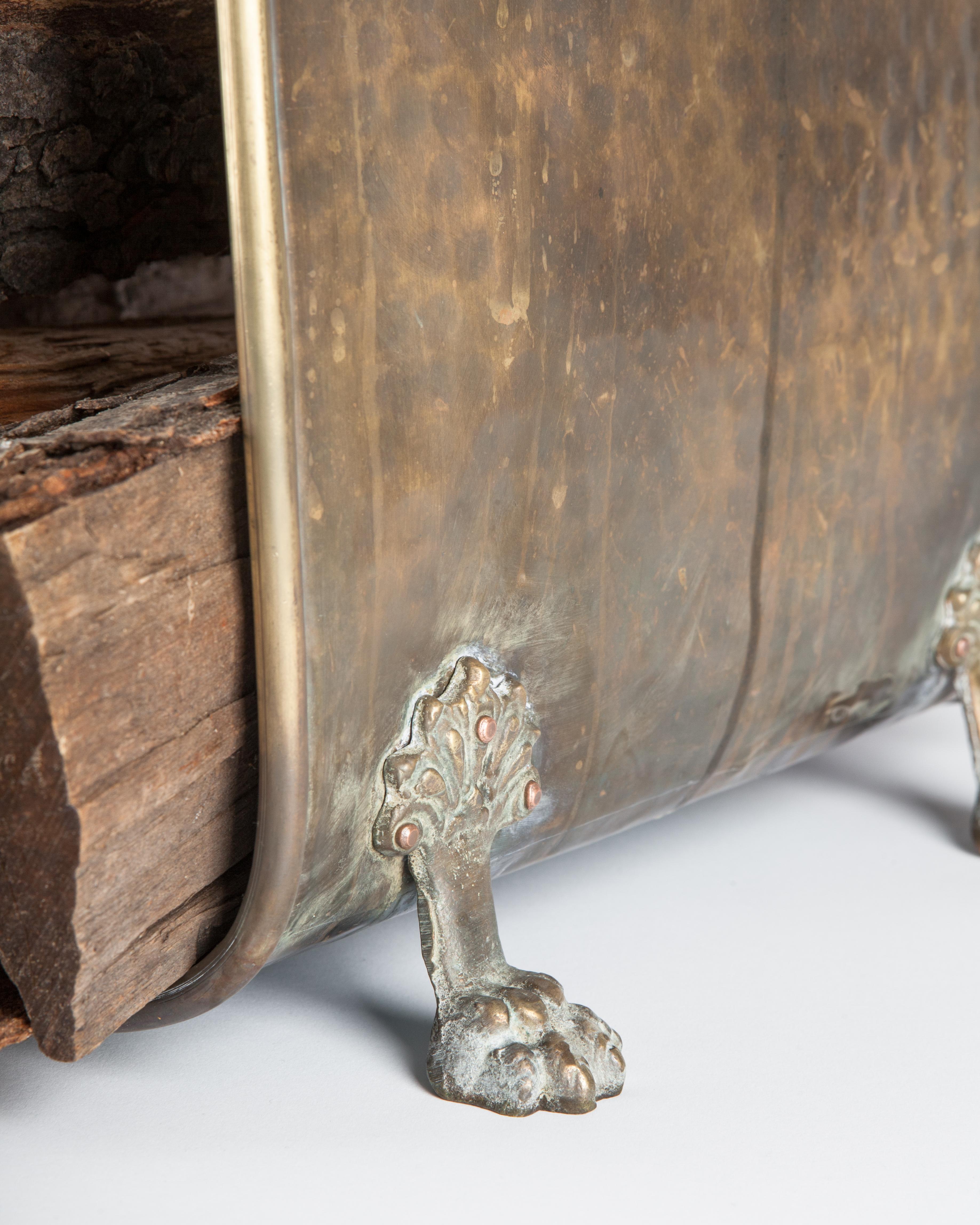 Patinated Vintage Hammered Brass Log Holder with Paw Feet, circa 1930