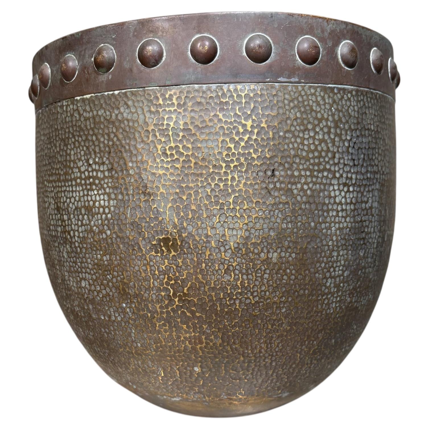 Vintage Hammered Brass Planter Pot With a Riveted Rim Hollywood Regency