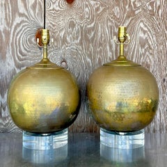 Vintage Hammered Brass Spherical Lamps - Set of 2