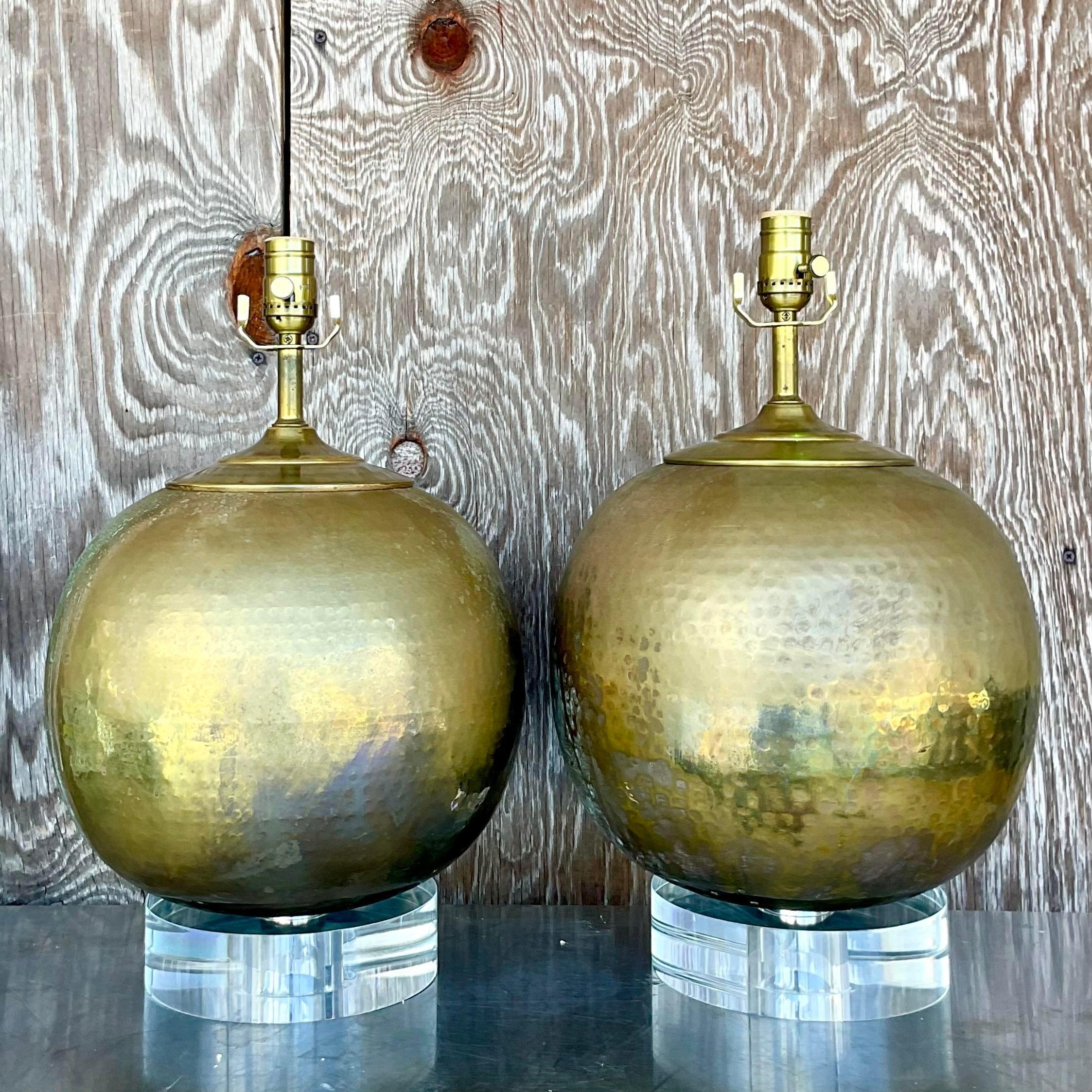 American Vintage Hammered Brass Spherical Lamps - Set of 2