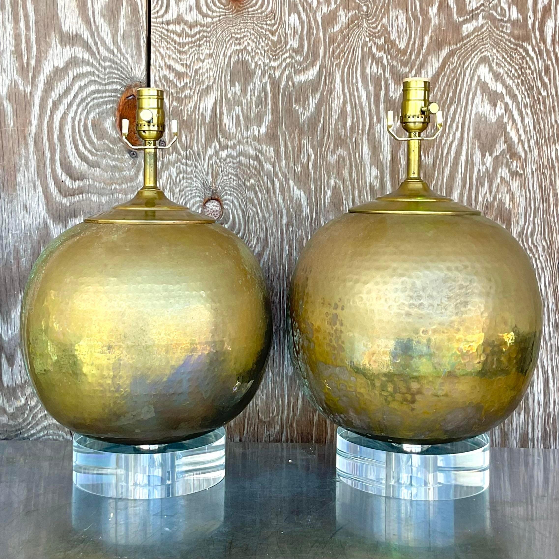 Vintage Hammered Brass Spherical Lamps - Set of 2 In Good Condition In west palm beach, FL