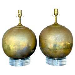 Vintage Hammered Brass Spherical Lamps - Set of 2