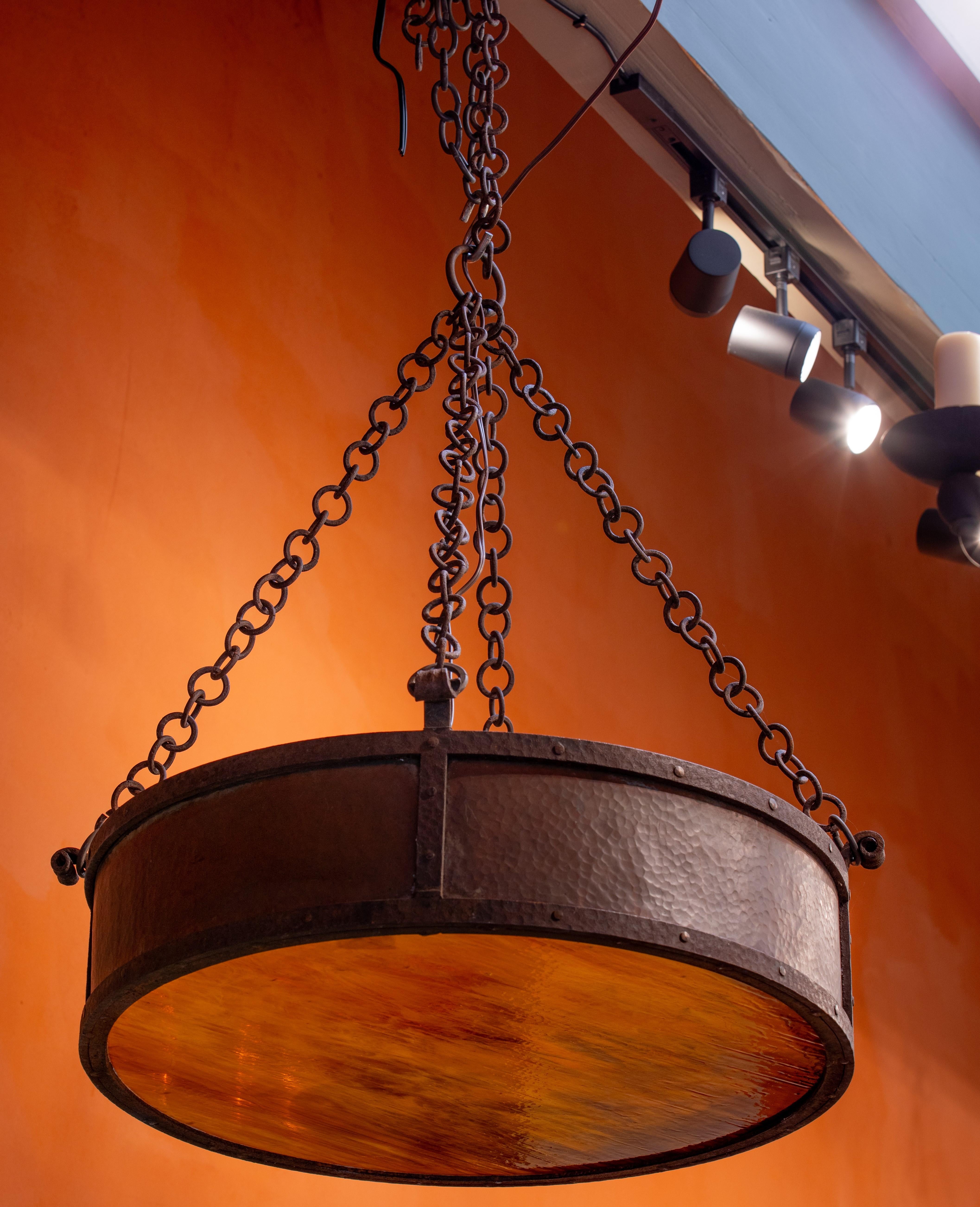 Belgian Vintage Hammered Copper, Iron and Slag Glass Pendant in Arts and Crafts Style For Sale