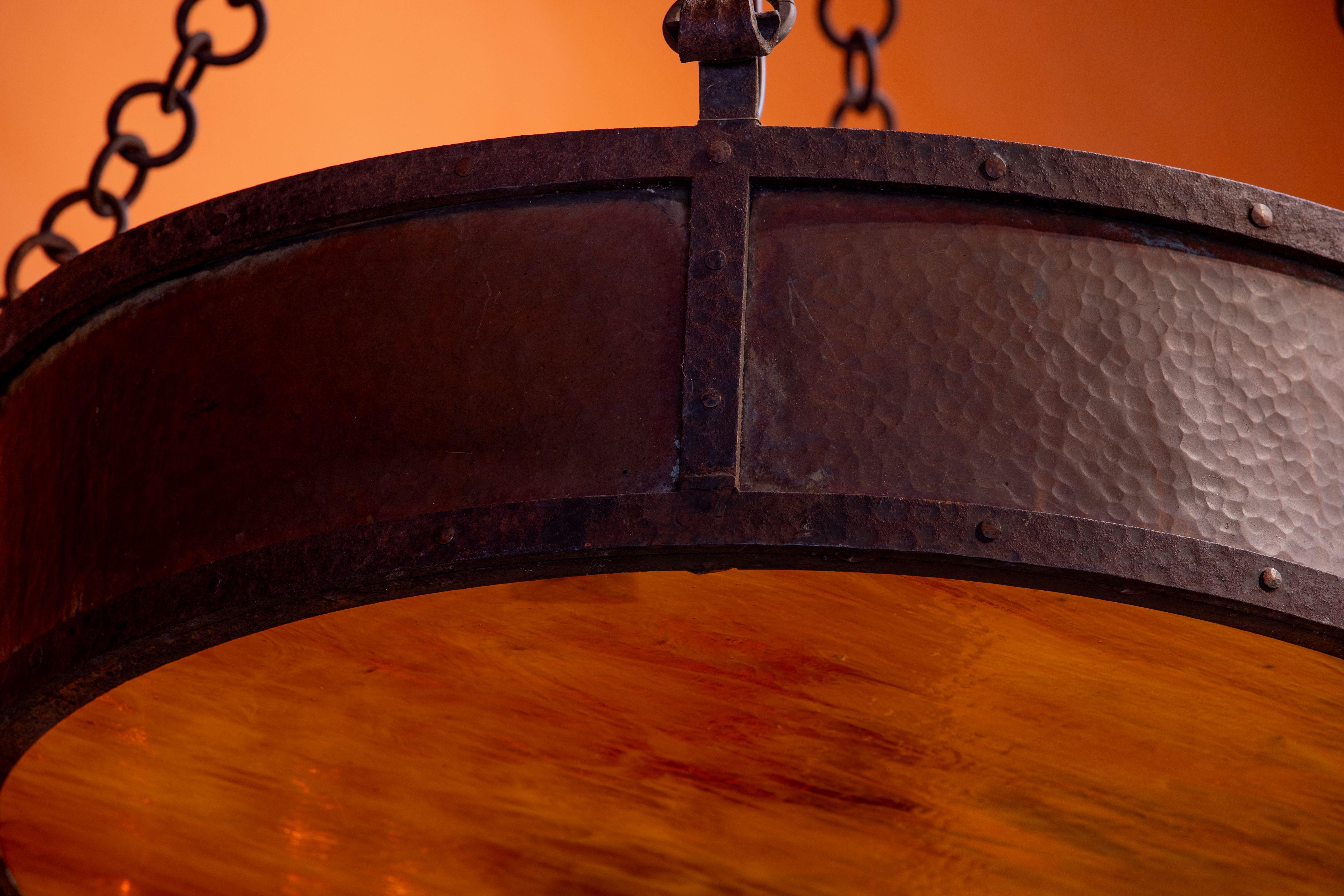 Vintage Hammered Copper, Iron and Slag Glass Pendant in Arts and Crafts Style In Good Condition For Sale In Houston, TX