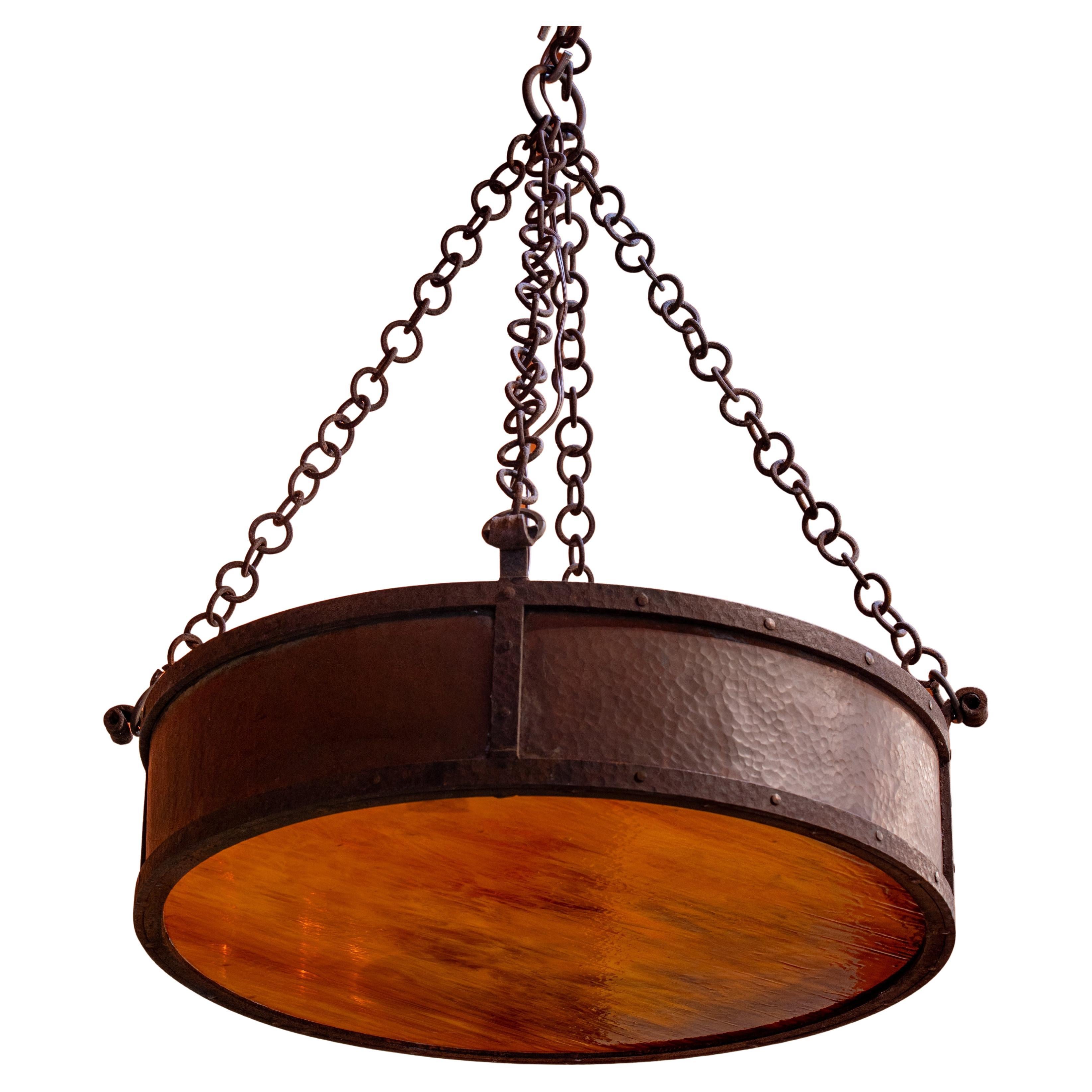 Vintage Hammered Copper, Iron and Slag Glass Pendant in Arts and Crafts Style