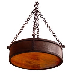 Vintage Hammered Copper, Iron and Slag Glass Pendant in Arts and Crafts Style