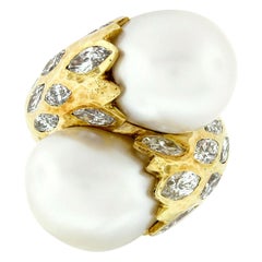 Vintage Hammered David Webb 18k Gold Marquise Diamond Huge GIA Pearl Bypass Ring
