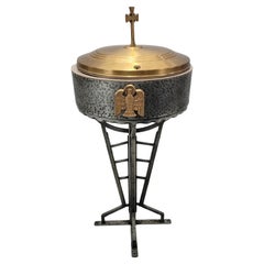 Vintage Hammered Forged Iron & Brass Sliding-Top Baptismal Font