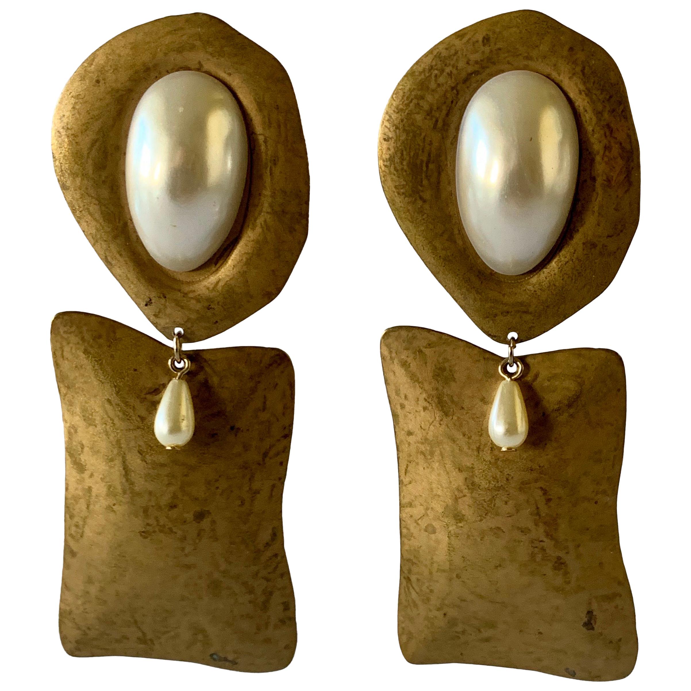 Vintage Hammered Gilt Pearl Statement Earrings 