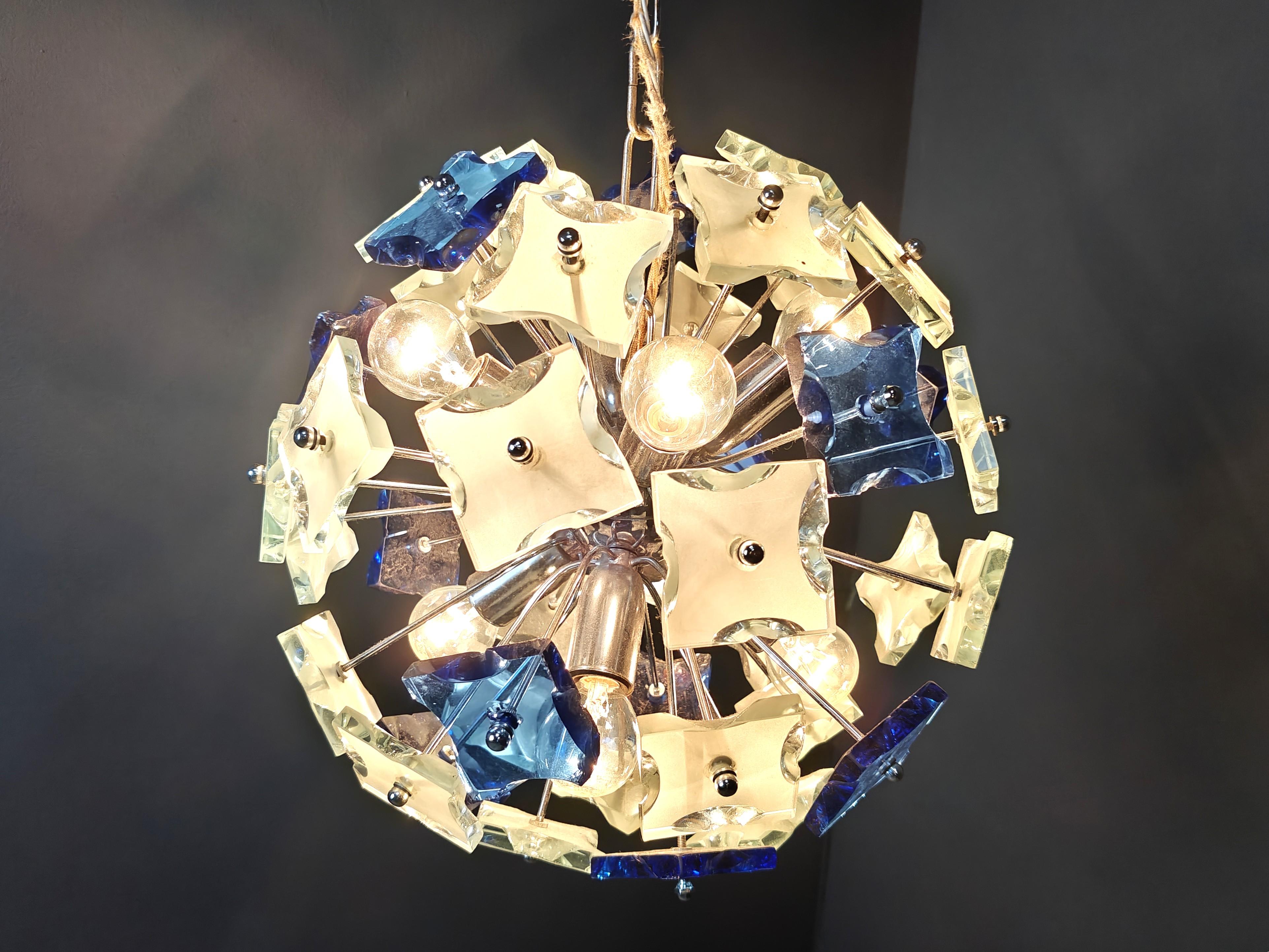 Space Age Vintage hammered glass spputnik chandelier, 1970s For Sale