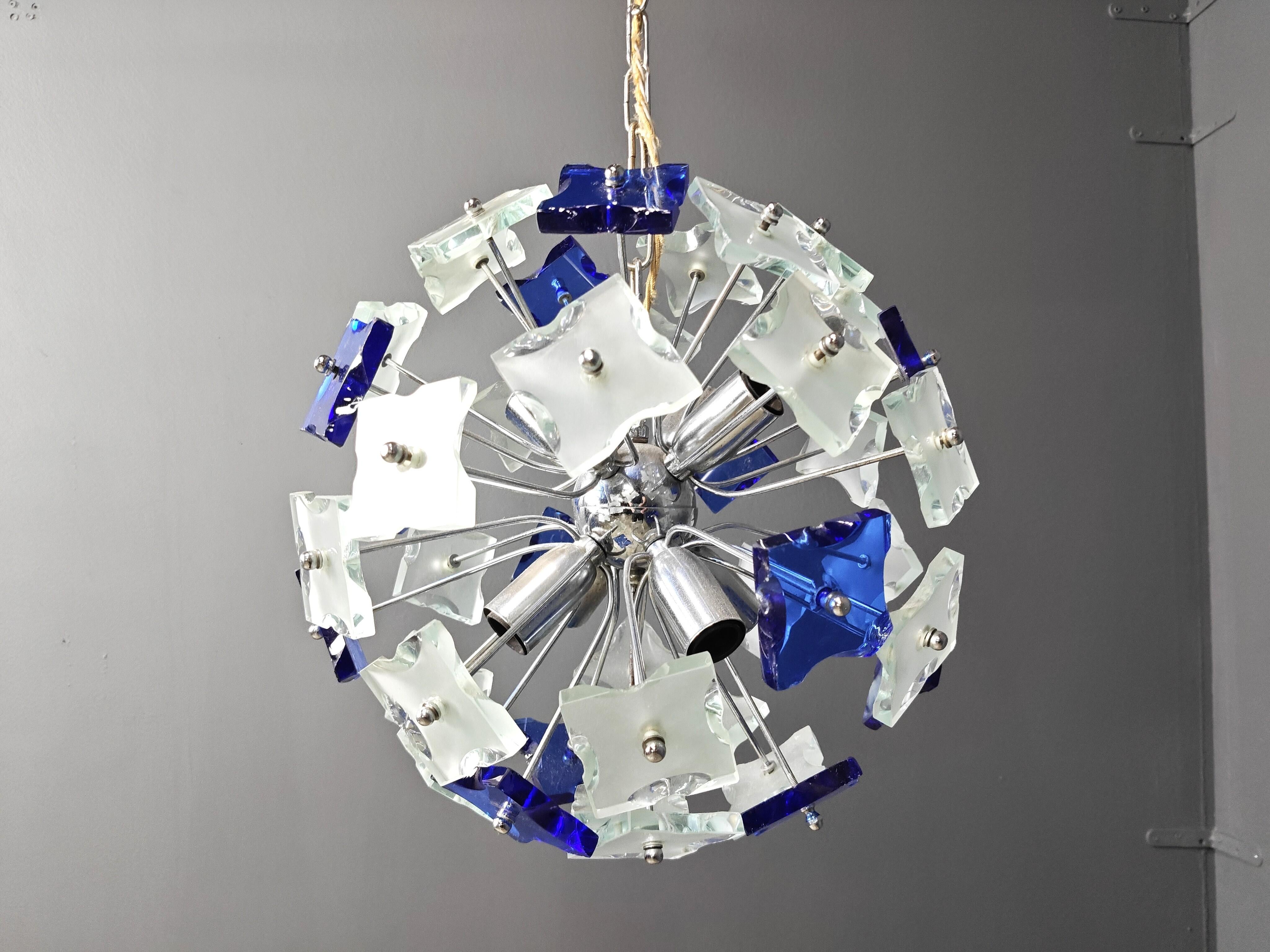 Vintage hammered glass spputnik chandelier, 1970s For Sale 2