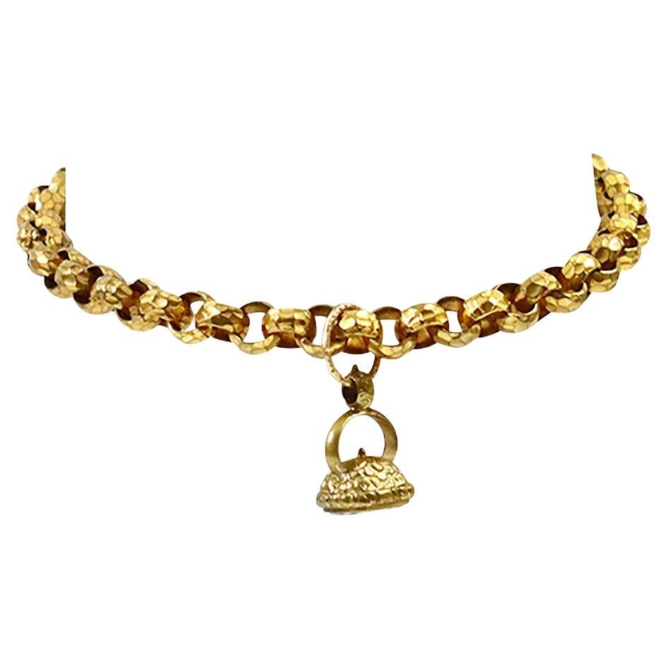 Vintage Hammered Gold Tone Round Link Choker with Victorian Fob Circa 1900s For Sale