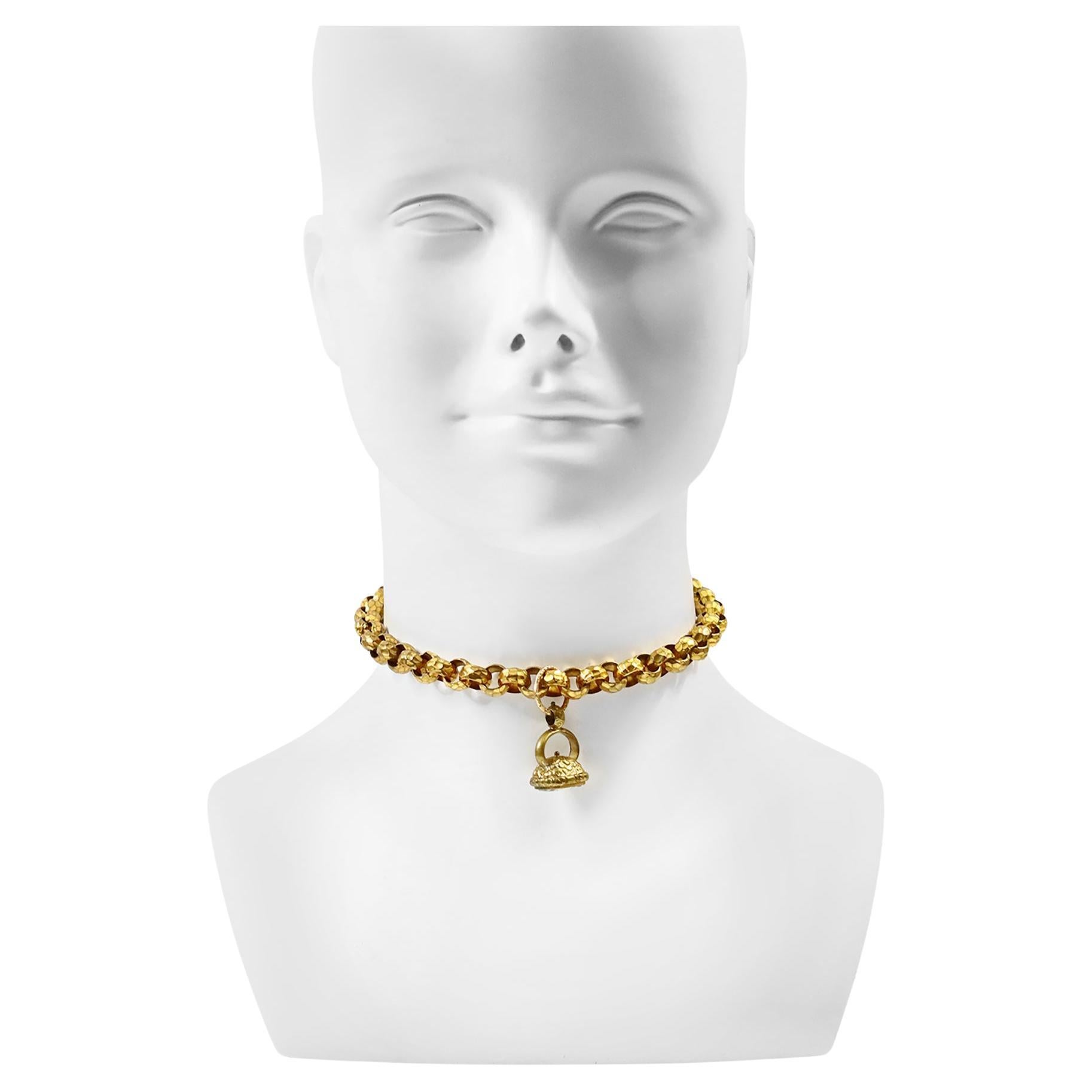 Vintage Hammered Gold Tone Round Link Choker with Victorian Fob Circa 1900s