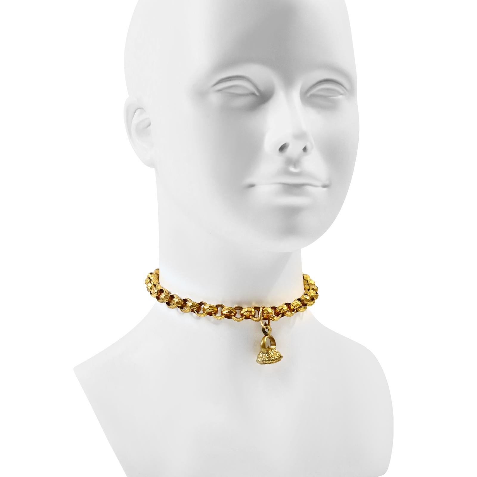 Modern Vintage Hammered Gold Tone Round Link Choker with Victorian Fob Circa 1900s For Sale