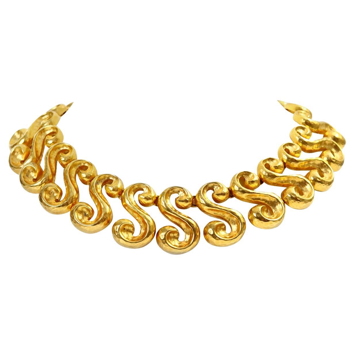 Vintage Hammered Gold Tone S Shaped Swirl Shape Necklace