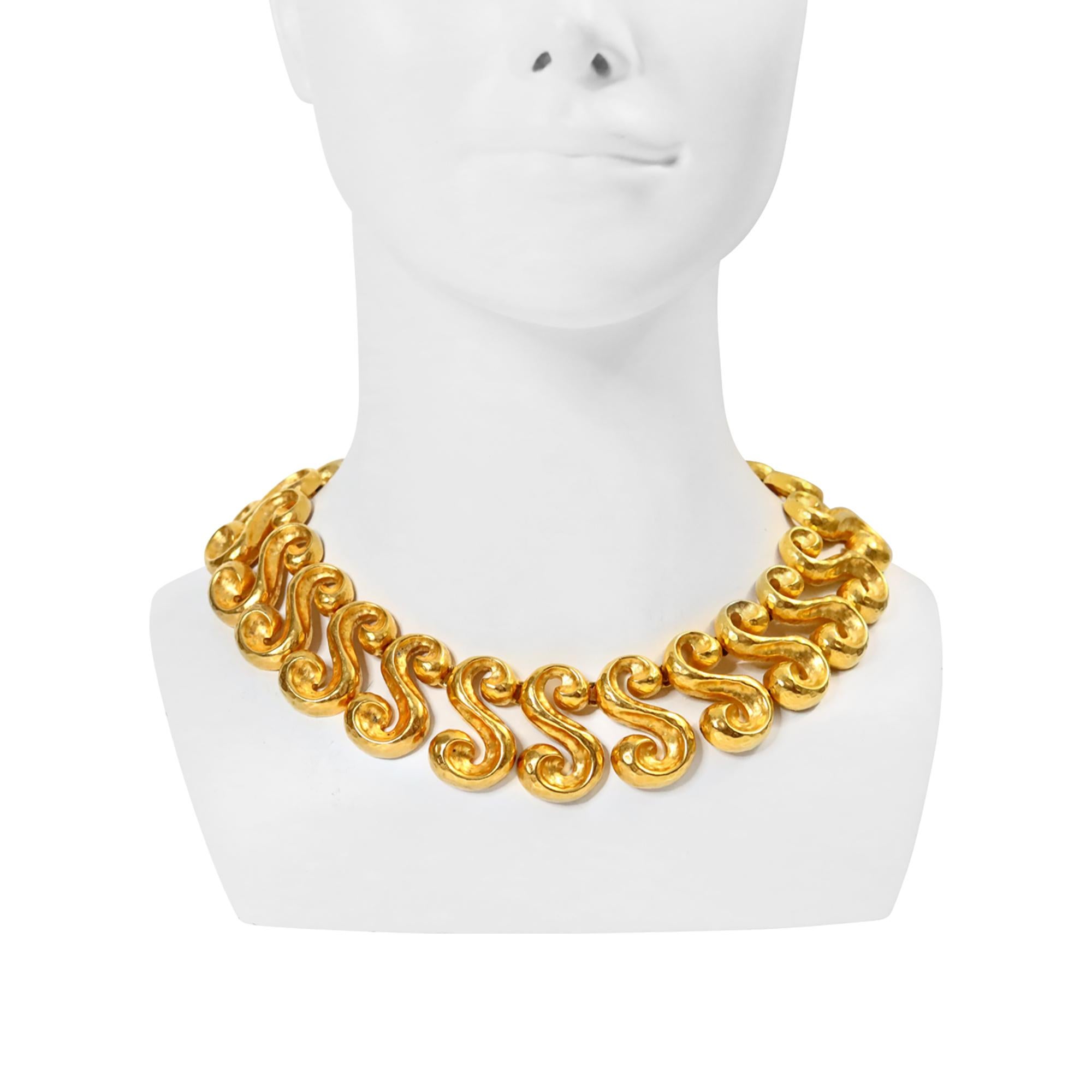 Vintage Hammered Gold Tone Swirl Shape Necklace Circa 1980s.  This is another one that looks great on, but may not have curb appeal; however, it gains it once it's on!  Heavy and substantial. 16