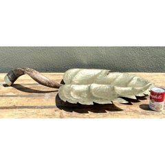 Vintage Hammered Metal Leaf Tray With Horn Handle