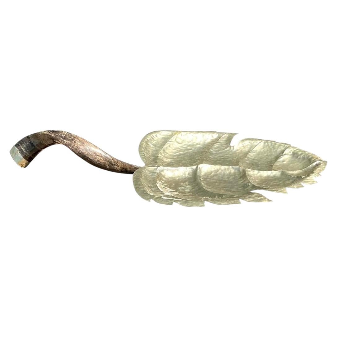 Vintage Hammered Metal Leaf Tray With Horn Handle
