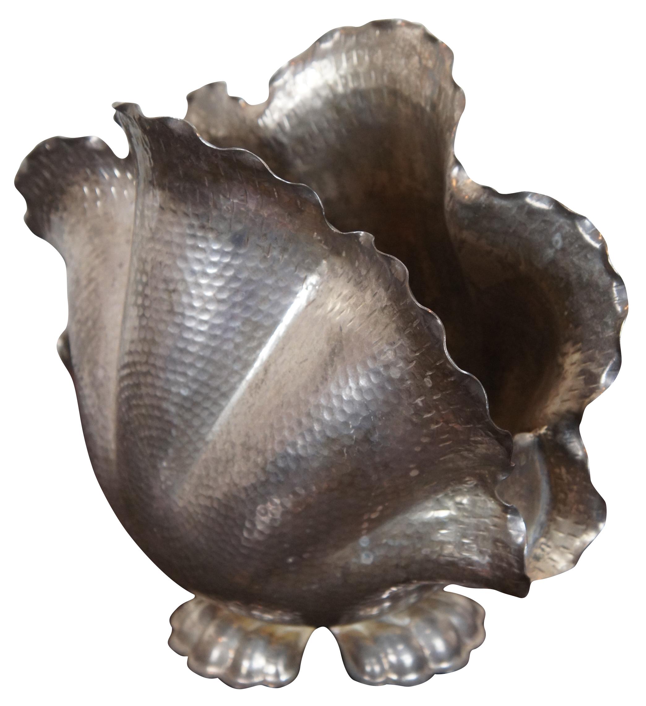 Vintage hammered serpentine silver plate scalloped clam shell wine cooler or footed centerpiece vase. Made after and in the form of the original by Christian Dior. Measures: 11