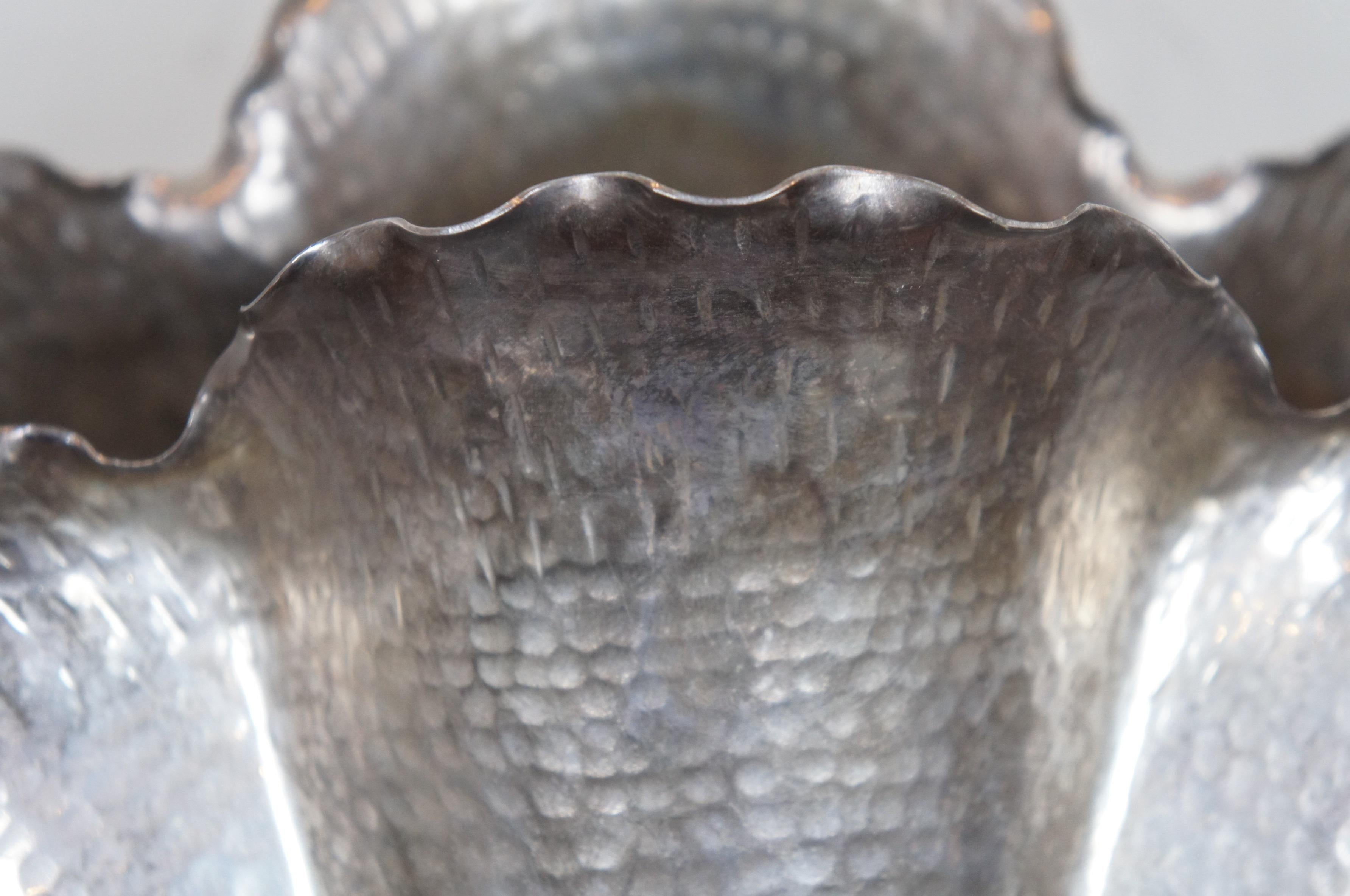 20th Century Vintage Hammered Silver Plate Clam Shell Centerpiece Vase Wine Bucket Cooler