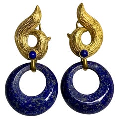 Vintage HAMMERMAN BROS Pendientes de gota circulares de oro amarillo de 18 quilates con textura de remolino de lapislázuli