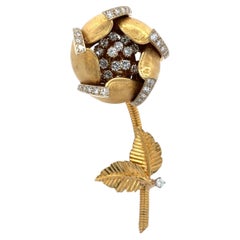 Vintage Hammerman Bros. Gold 2ctw Diamond Mechanical Open Rose Flower Brooch