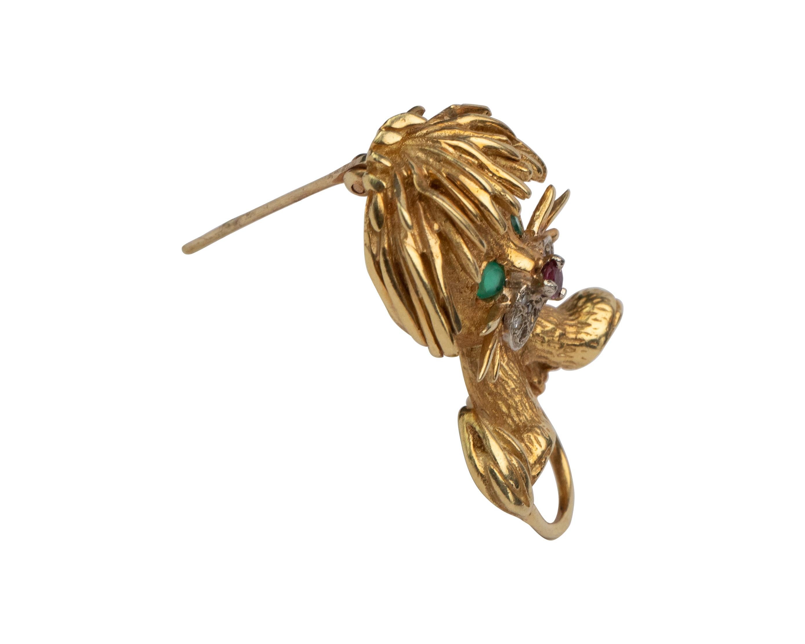 Round Cut Vintage Hammerman Bro's Lion Cub 18 Karat Gold Brooch w Diamond, Emerald, Ruby
