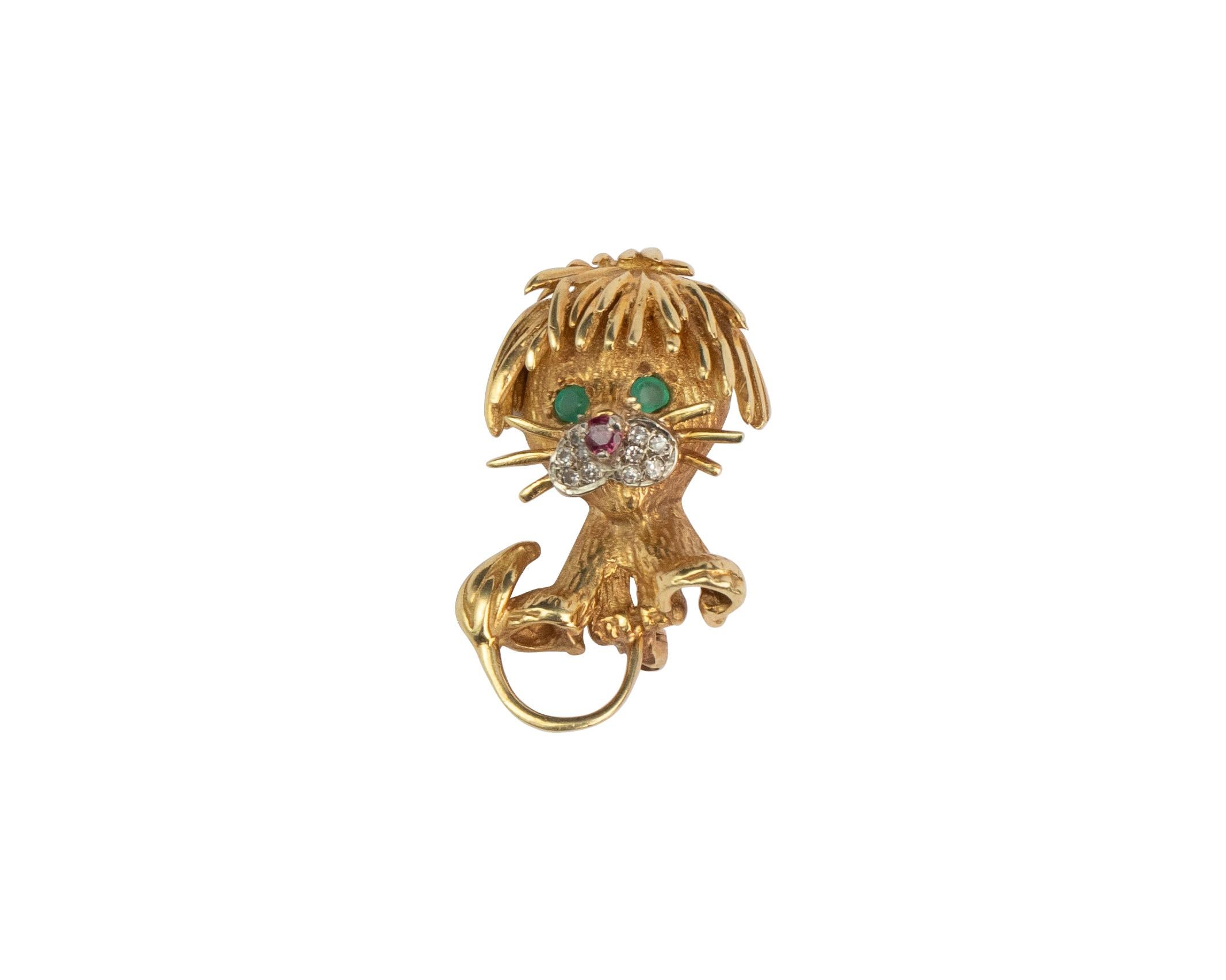 Vintage Hammerman Bro's Lion Cub 18 Karat Gold Brooch w Diamond, Emerald, Ruby In Good Condition In Addison, TX
