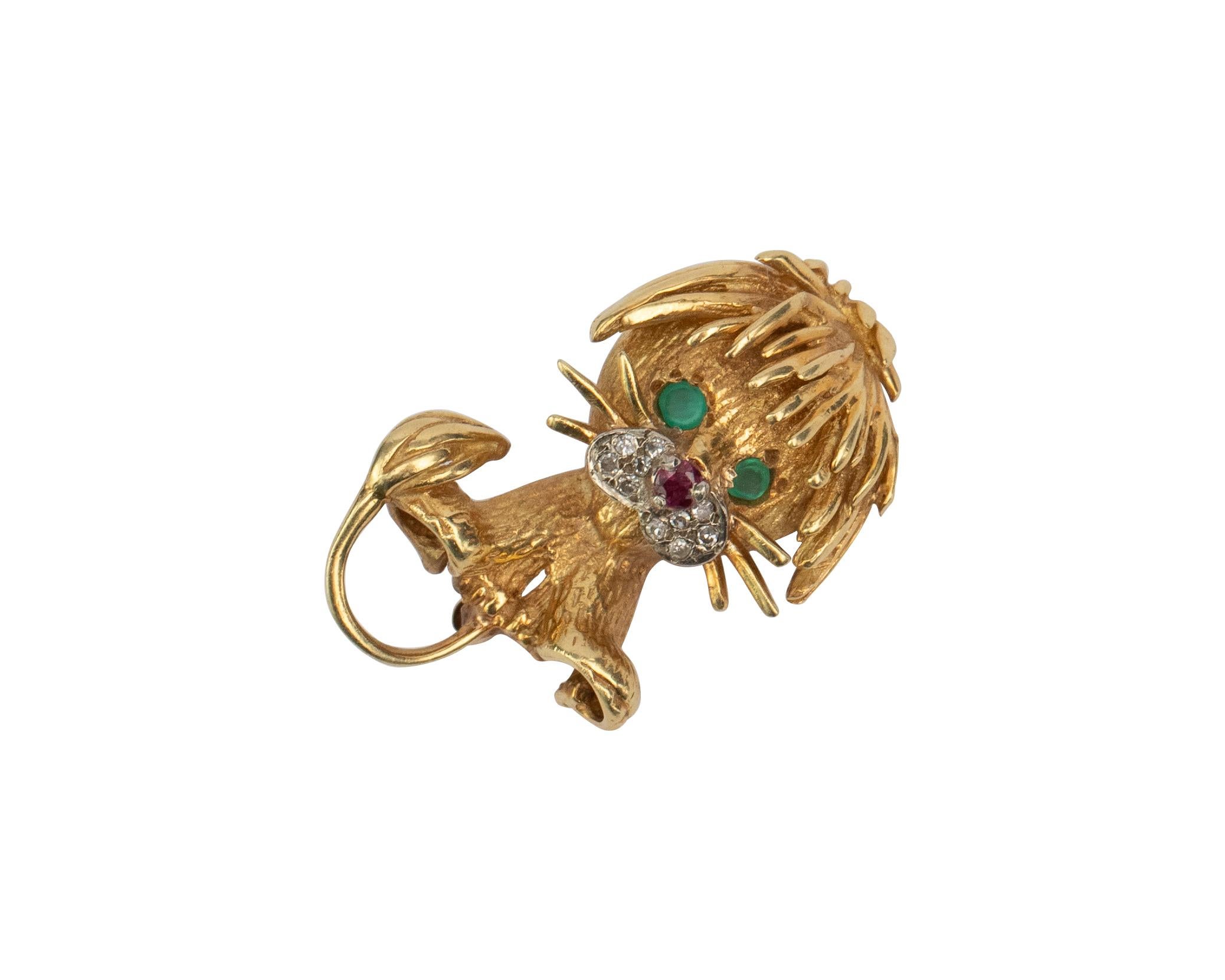 Women's or Men's Vintage Hammerman Bro's Lion Cub 18 Karat Gold Brooch w Diamond, Emerald, Ruby