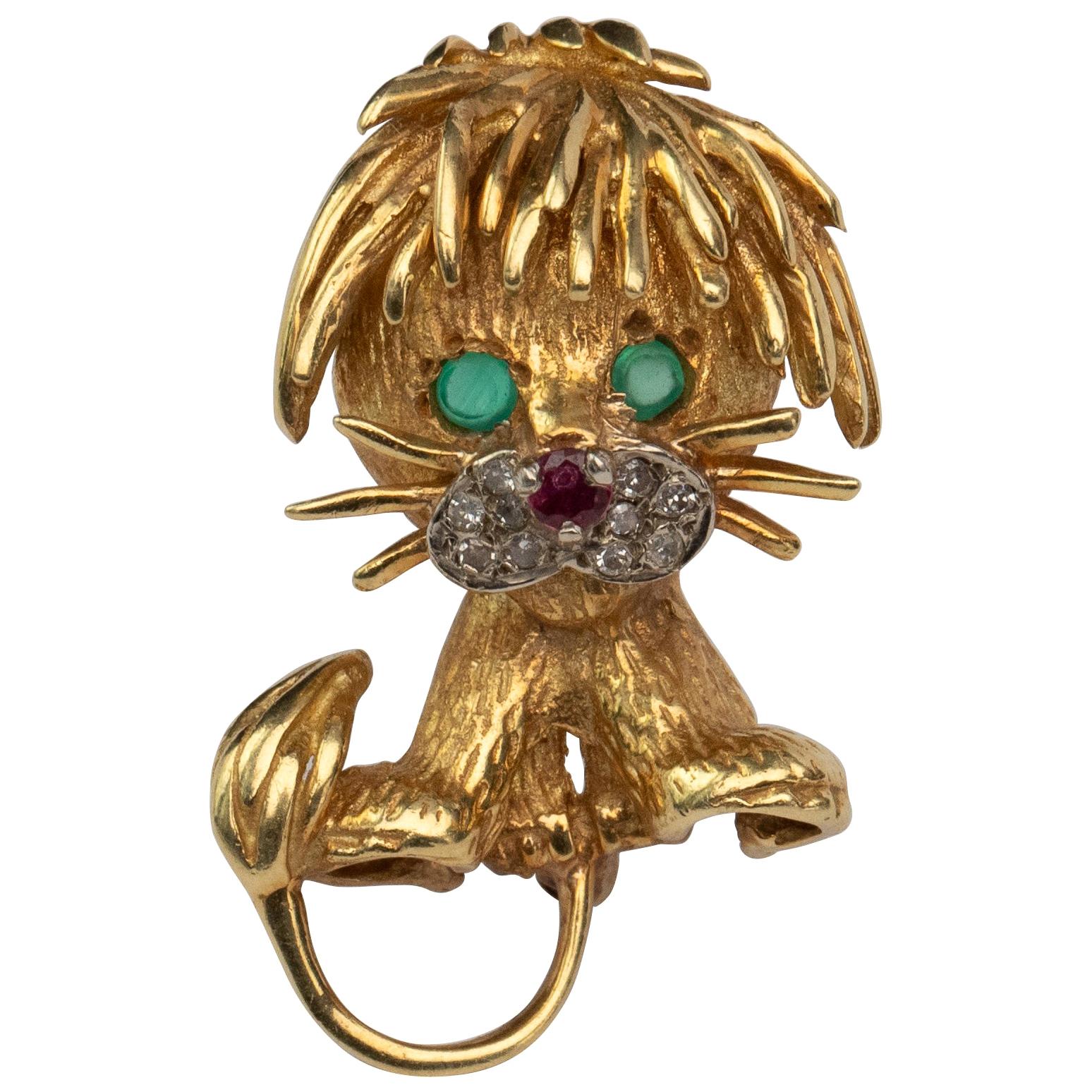 Vintage Hammerman Bro's Lion Cub 18 Karat Gold Brooch w Diamond, Emerald, Ruby