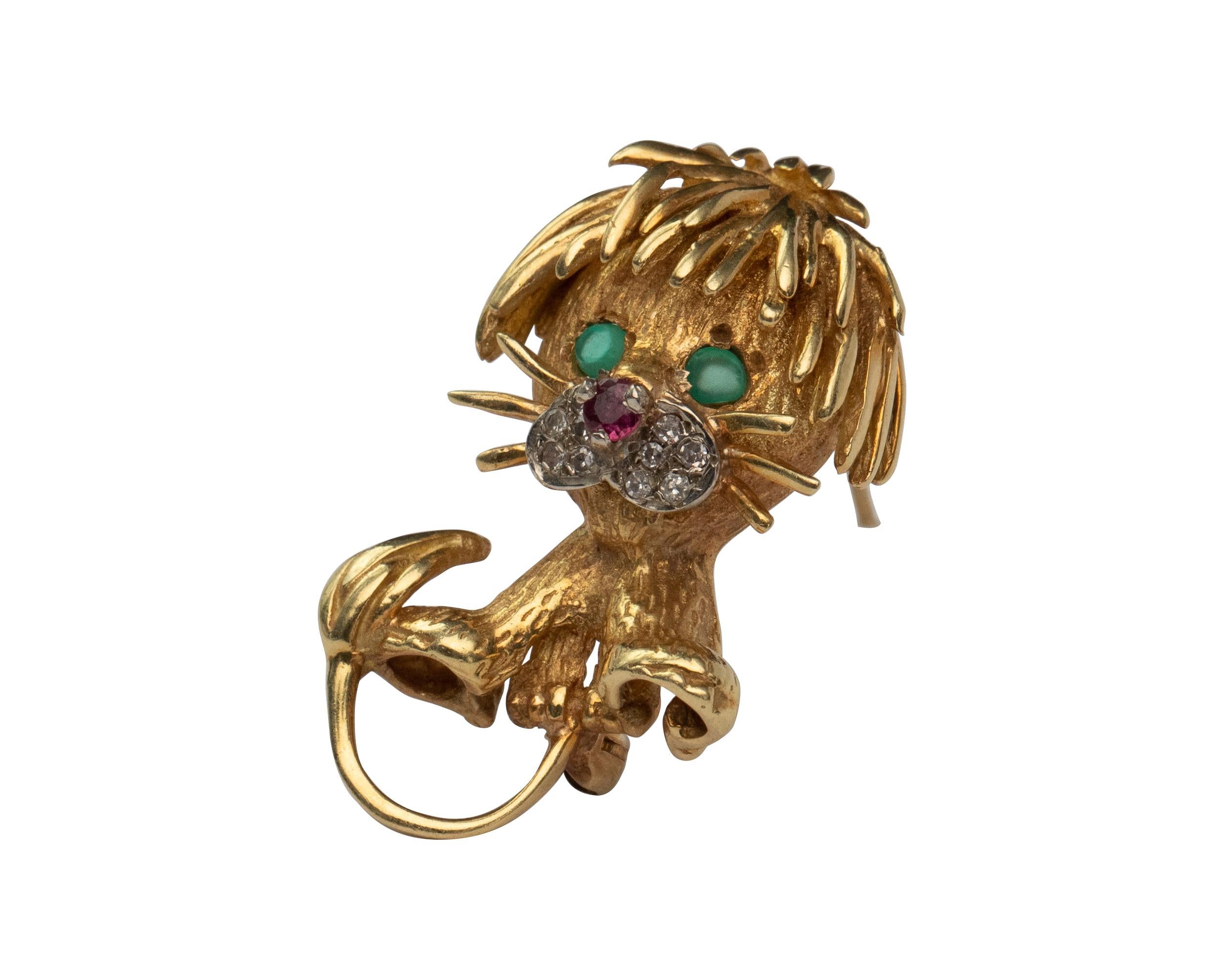 This characteristic lion brooch from 1960s is bright and lustrous with emeralds, rubies, and diamonds on the face. Lions represent courage, dignity, and wisdom in vintage pieces. This lion cub is a playful representation of a lion’s upcoming power
