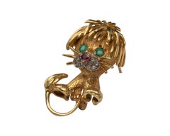 Vintage Hammerman Bro's Lion Cub 18 Karat Gold Brooch w Diamond, Emerald, Ruby