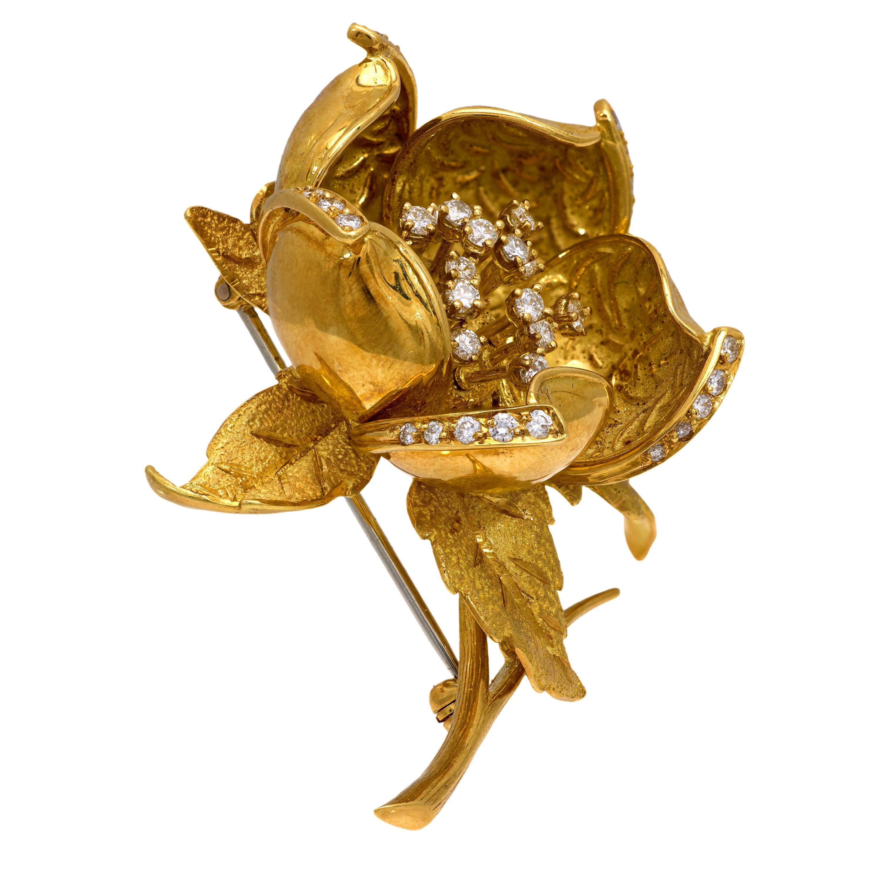 Brilliant Cut Vintage Hammerman Brothers 1.40 carat diamond 18k yellow gold rose brooch For Sale