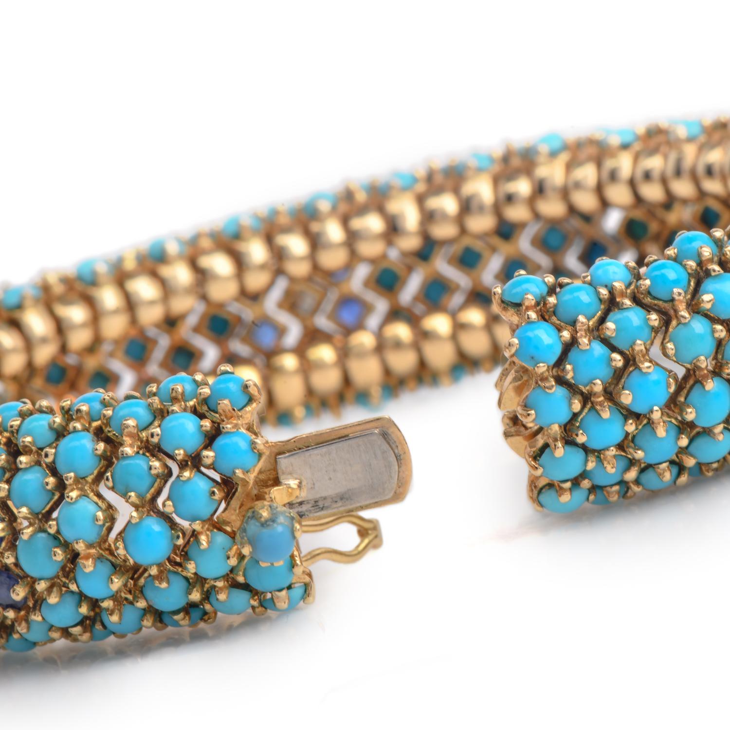 Vintage Hammerman Brothers 1960er Jahre Schlangen-Türkis-Diamanten  18K Gold-Armband (Retro)