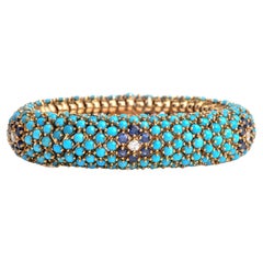 Vintage Hammerman Brothers 1960s Snake Turquoise Diamonds 18K Gold Bracelet