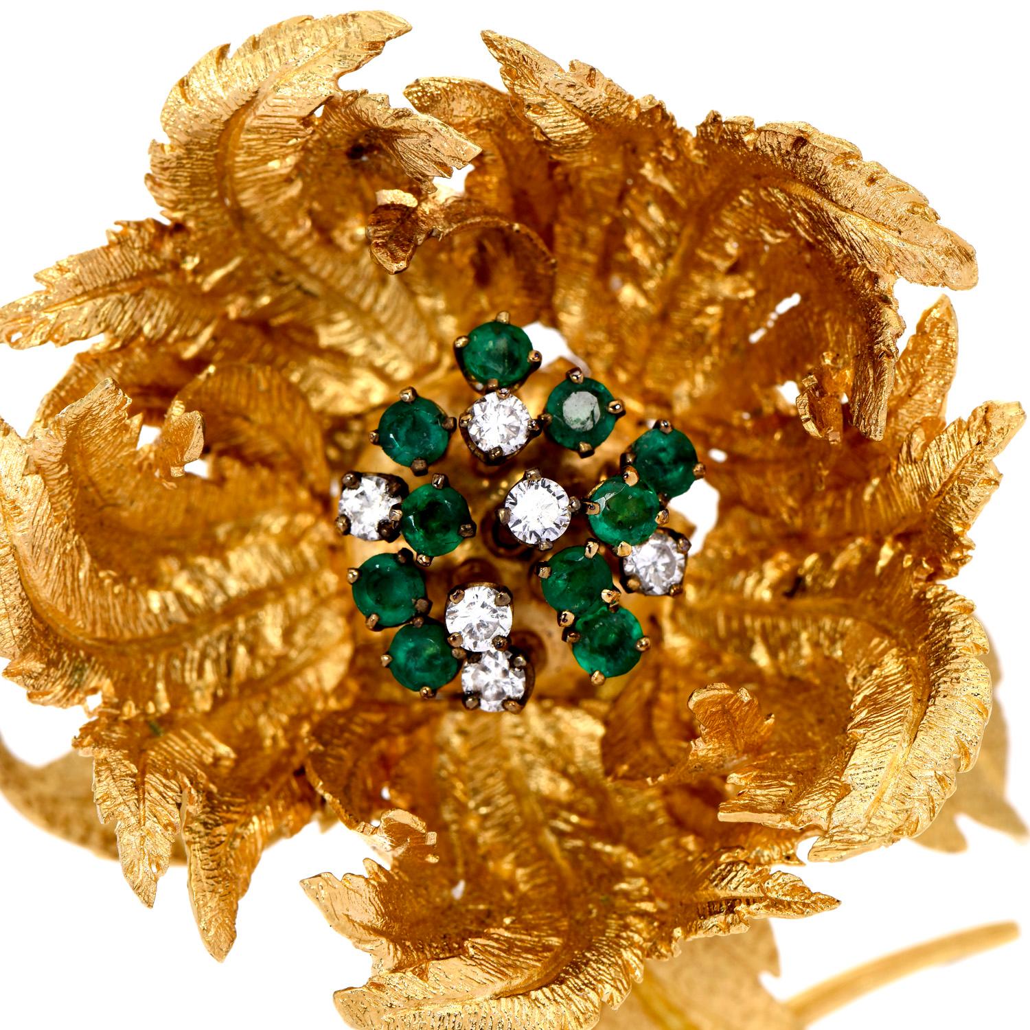 The Hammerman Brothers have outstanding Unique pieces and this Large  Flower Inspired brooch,

Crafted in Solid 18K Yellow Gold,

This retro Brooch with Movable Petals is adorned with 6 Round Cut Diamonds of approx 0.30 carats, G-H  Color
