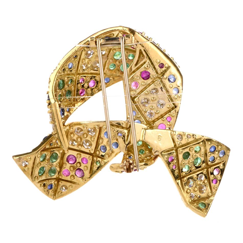 Round Cut Vintage Hammerman Brothers Diamond Multi-Color Gem 18 Karat Ribbon Pin Brooch