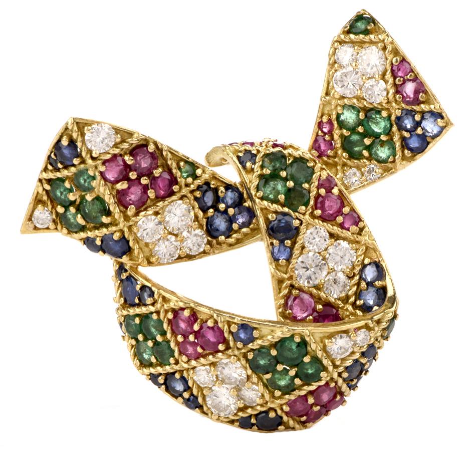 Vintage Hammerman Brothers Diamond Multi-Color Gem 18 Karat Ribbon Pin Brooch