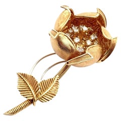 Vintage Hammerman Brothers Diamond Rose Flower Night Day Yellow Gold Brooch Pin
