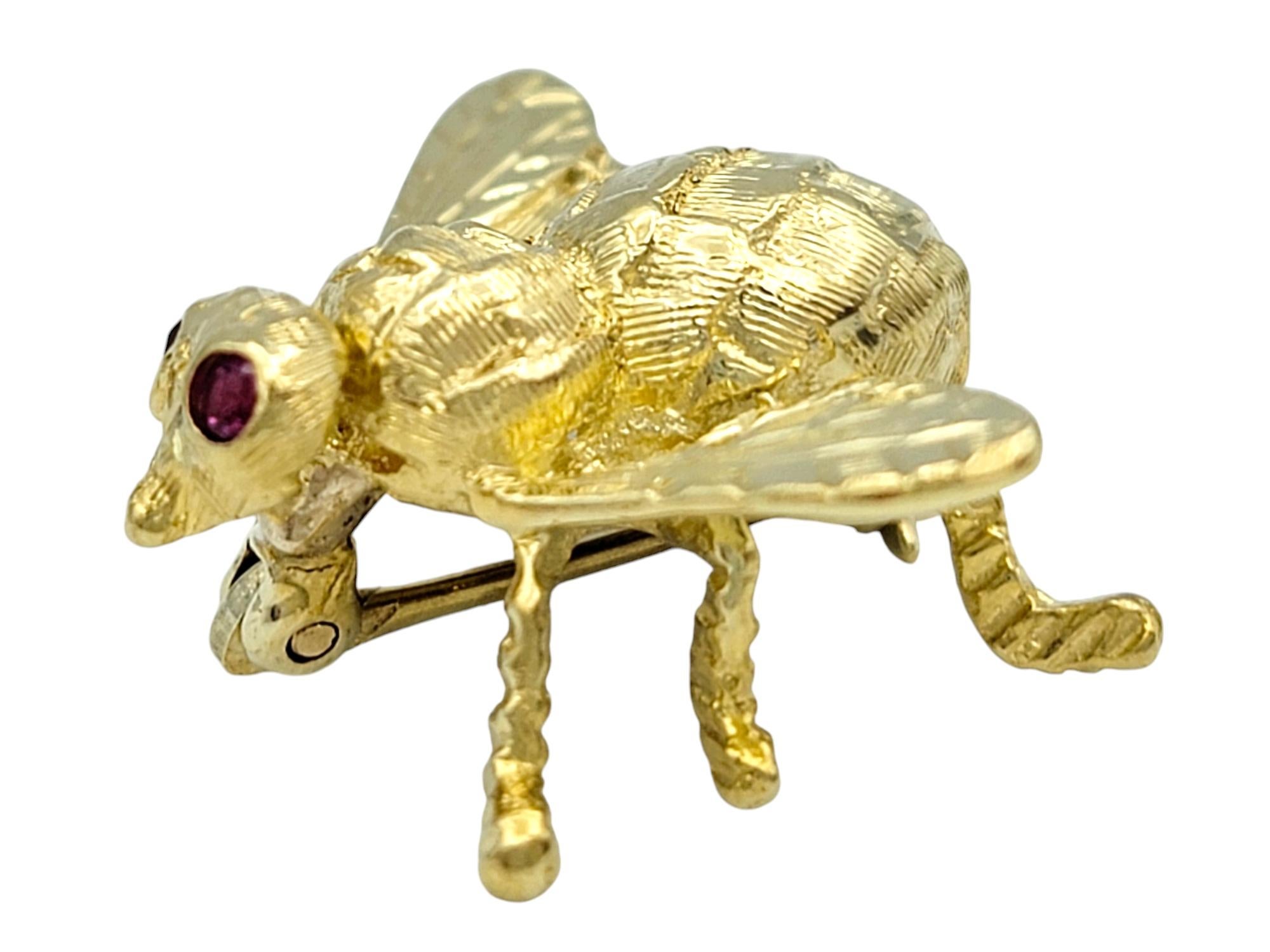 Round Cut Vintage Hammerman Brothers Fly Brooch with Ruby Eyes in 18 Karat Yellow Gold For Sale