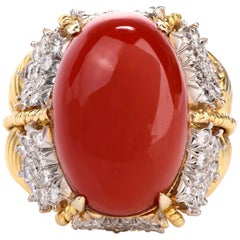 Vintage Hammerman Brothers Red Coral Diamond Yellow Gold Statement Ring