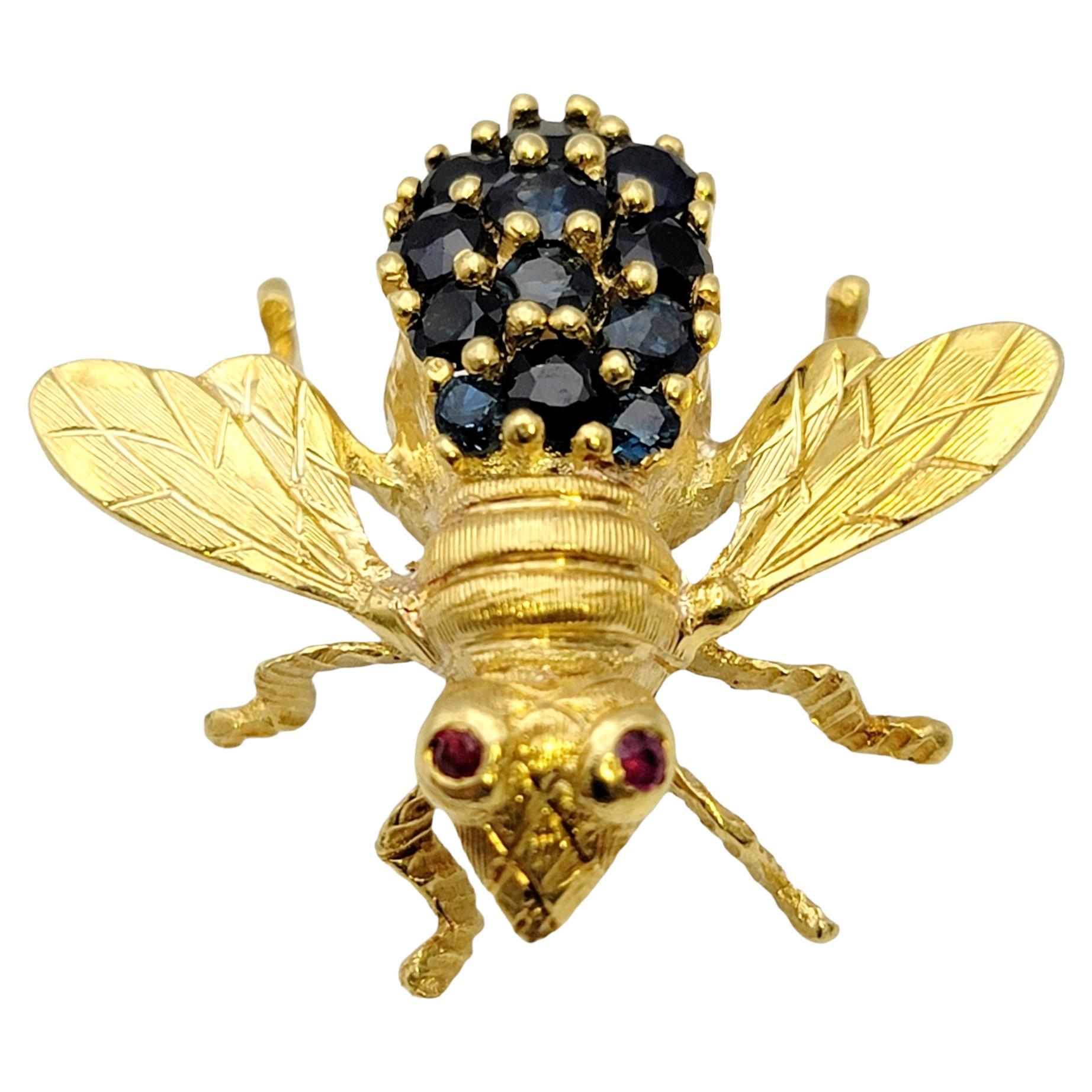 Vintage Hammerman Brothers Sapphire and Ruby 3D Bee Brooch in 18 Karat Gold For Sale