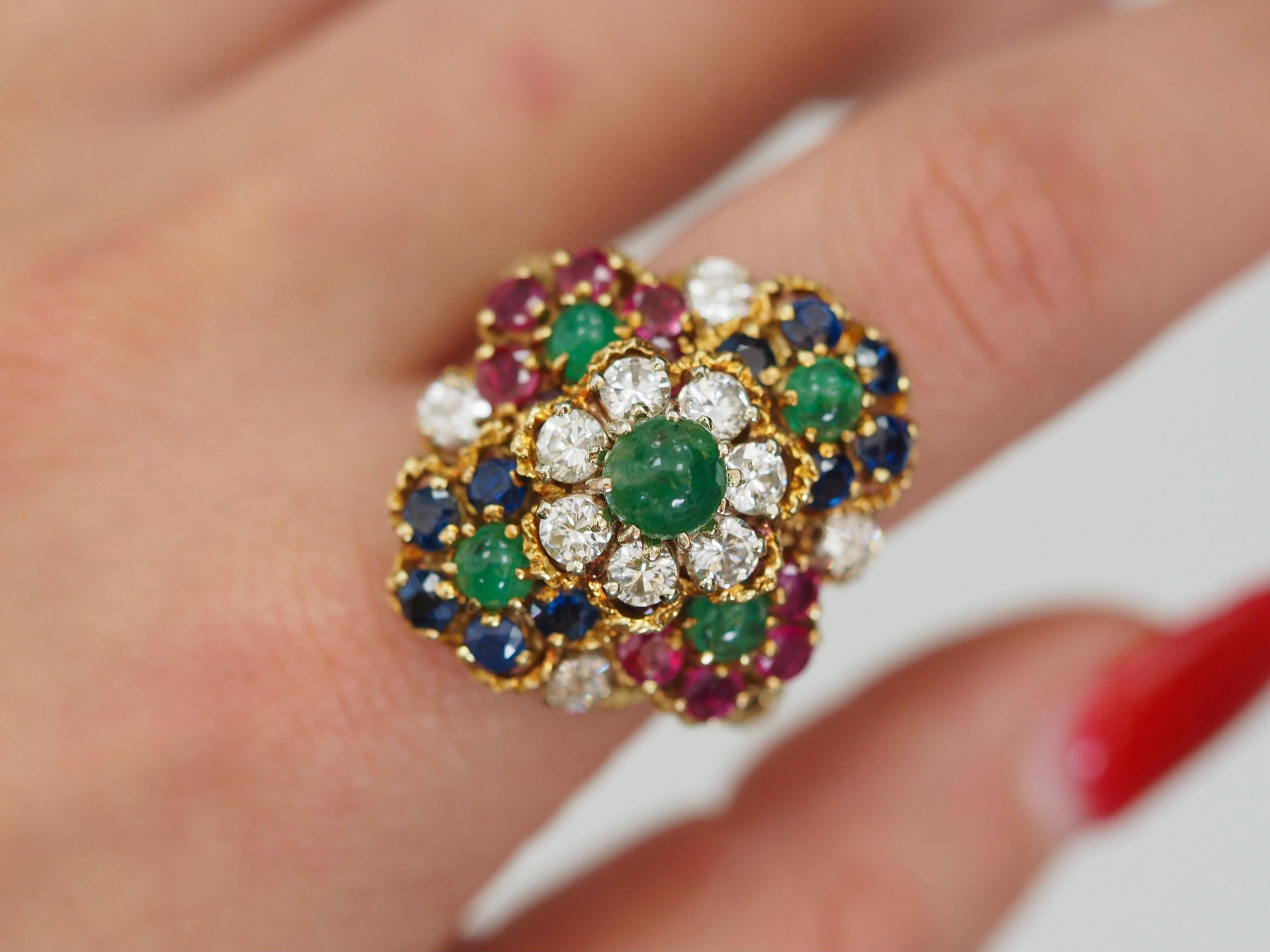 Retro Vintage Hammerman Brothes Diamond, Emerald, Ruby and Sapphire Cocktail Ring