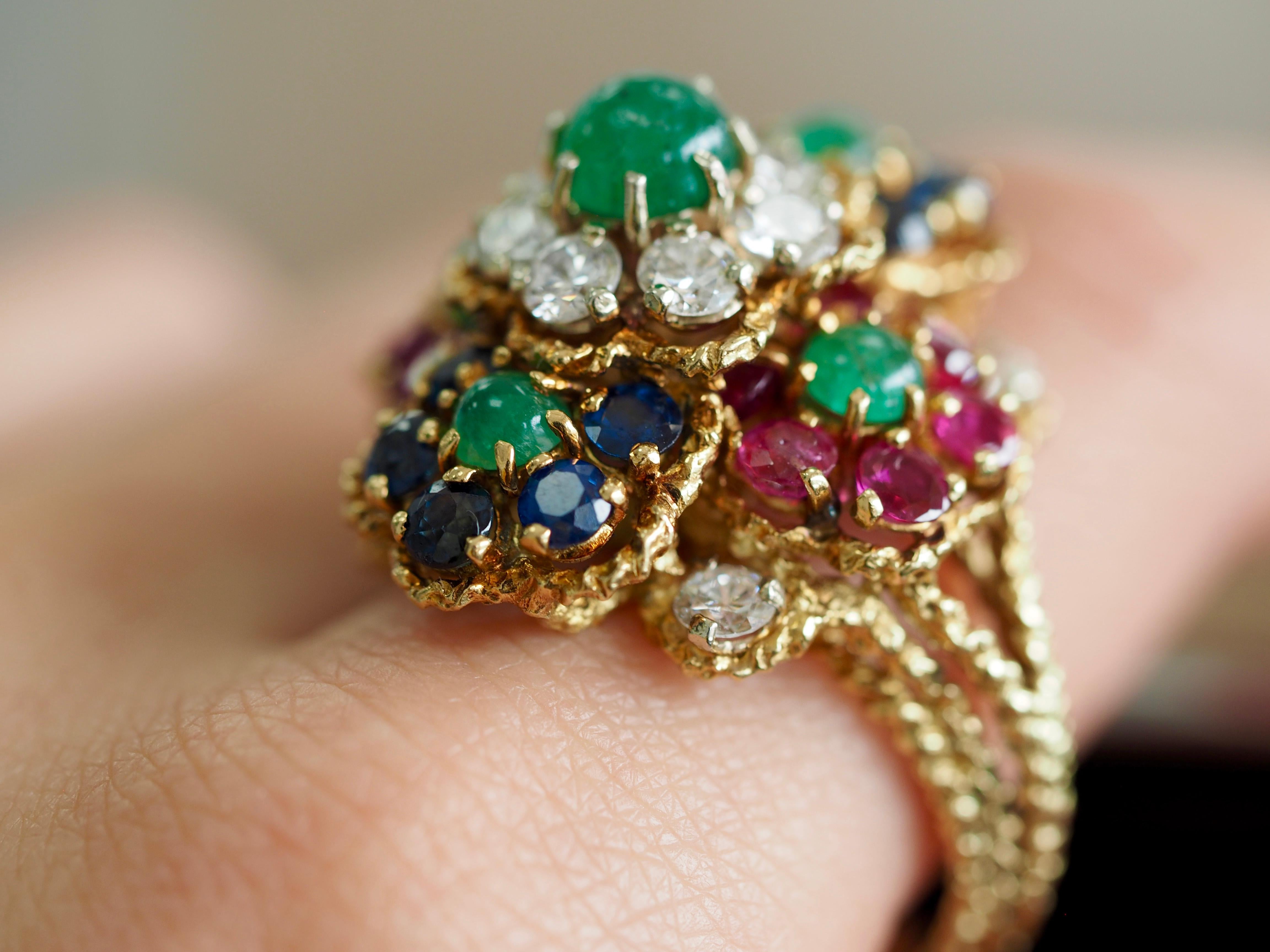 Round Cut Vintage Hammerman Brothes Diamond, Emerald, Ruby and Sapphire Cocktail Ring
