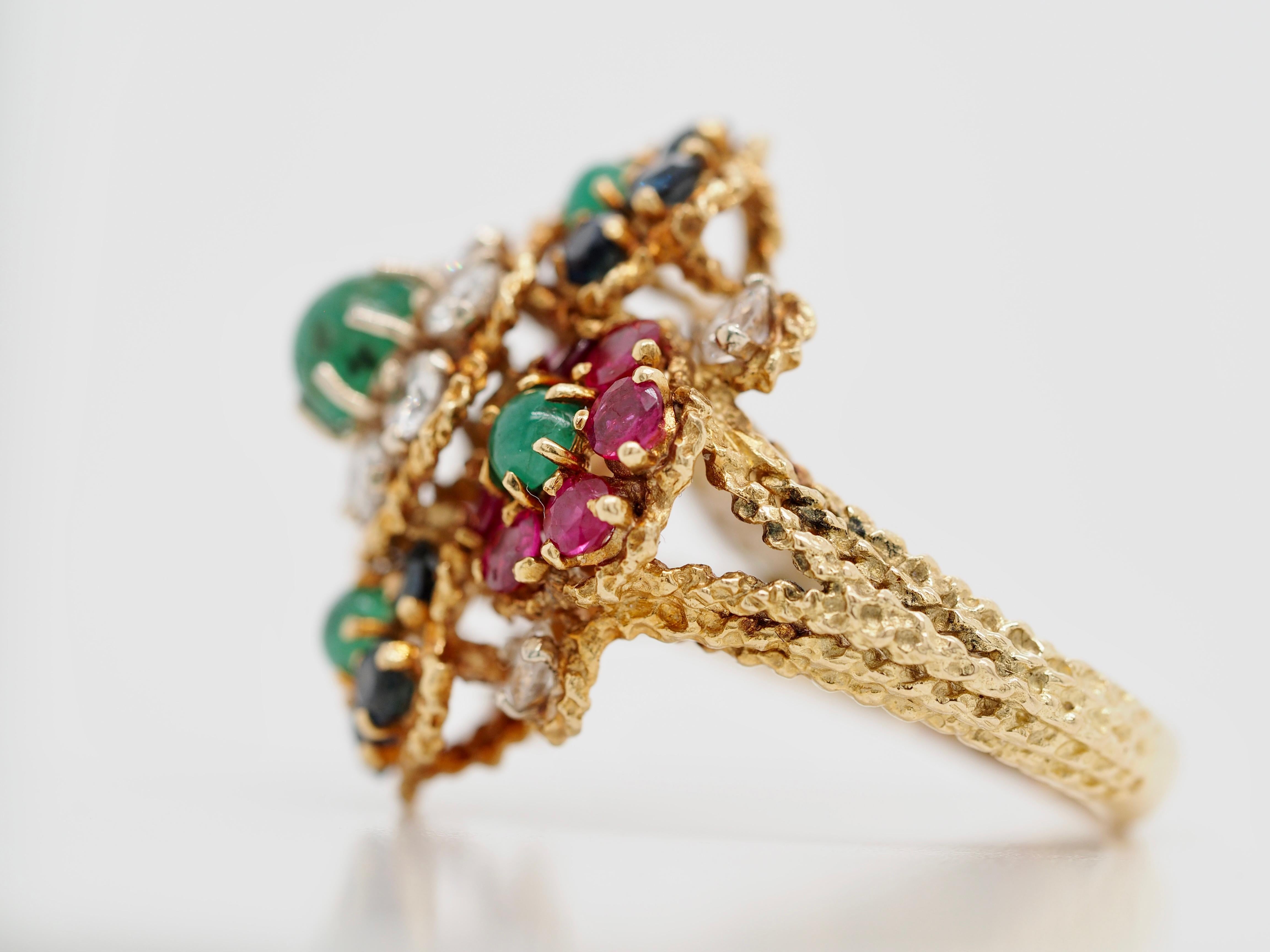 Vintage Hammerman Brothes Diamond, Emerald, Ruby and Sapphire Cocktail Ring In Excellent Condition In Addison, TX