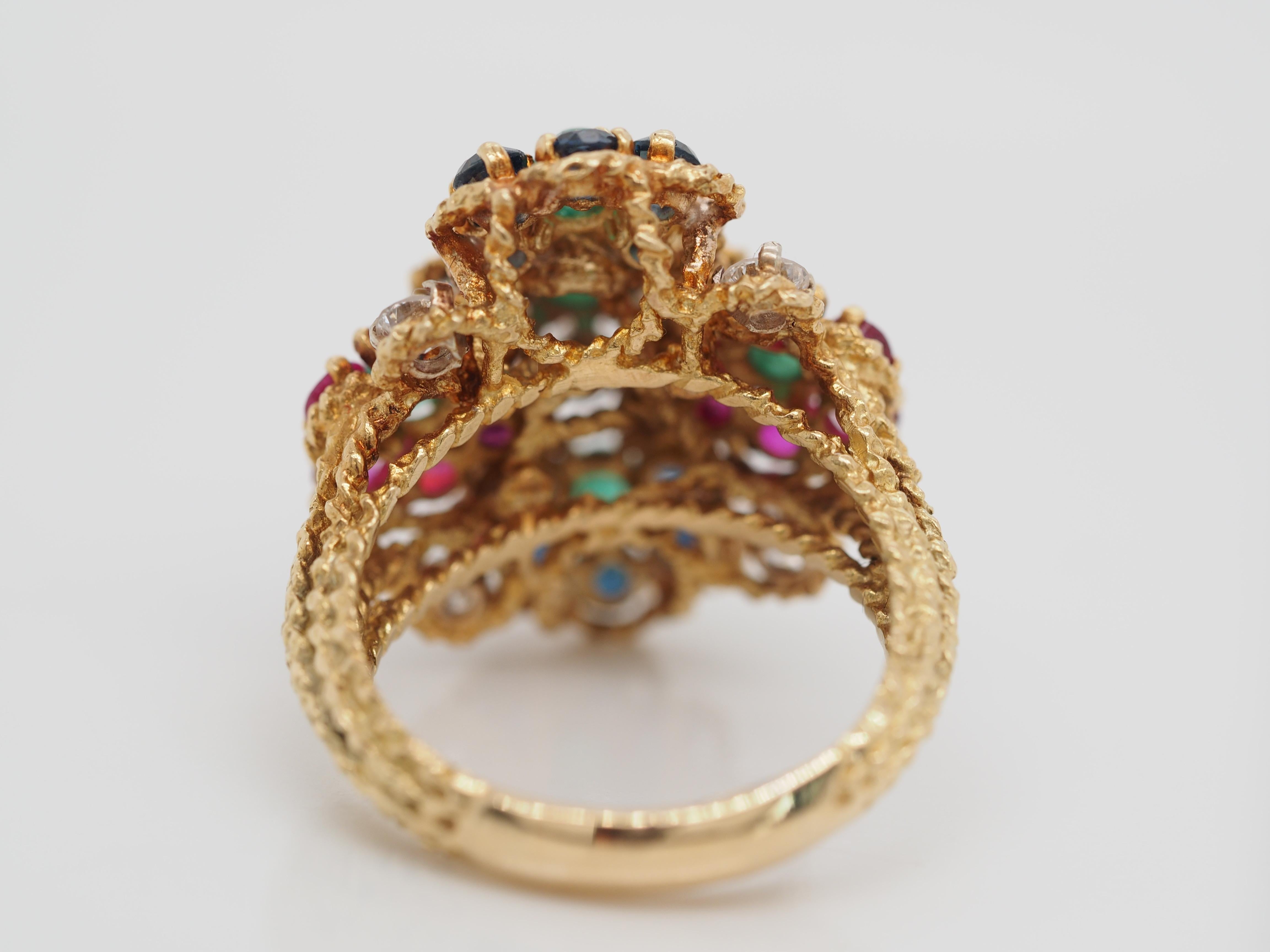 Women's or Men's Vintage Hammerman Brothes Diamond, Emerald, Ruby and Sapphire Cocktail Ring