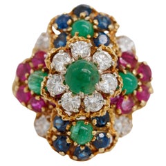 Vintage Hammerman Brothes Diamond, Emerald, Ruby and Sapphire Cocktail Ring