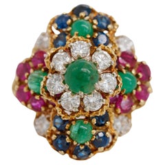 Anello da cocktail vintage con diamanti, smeraldi, rubini e zaffiri di Hammerman Brothes